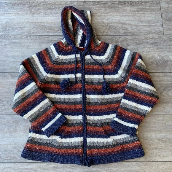 Wool Blend Chunky Knit Striped Boho Hoodie Sweater Jacket - Picture 4 of 12